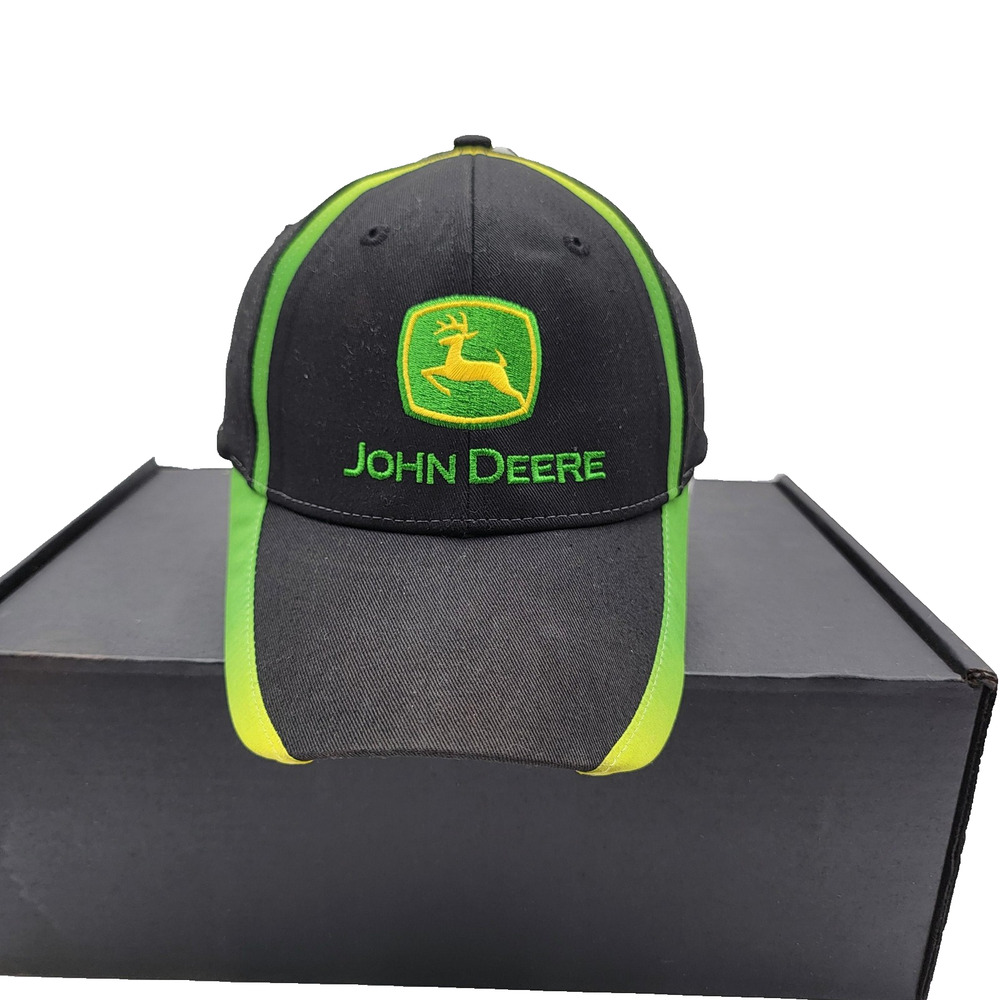 John Deere Hat Cap Fitted Black Green Embroidered Mens Tractor Farming Logo Sz 7